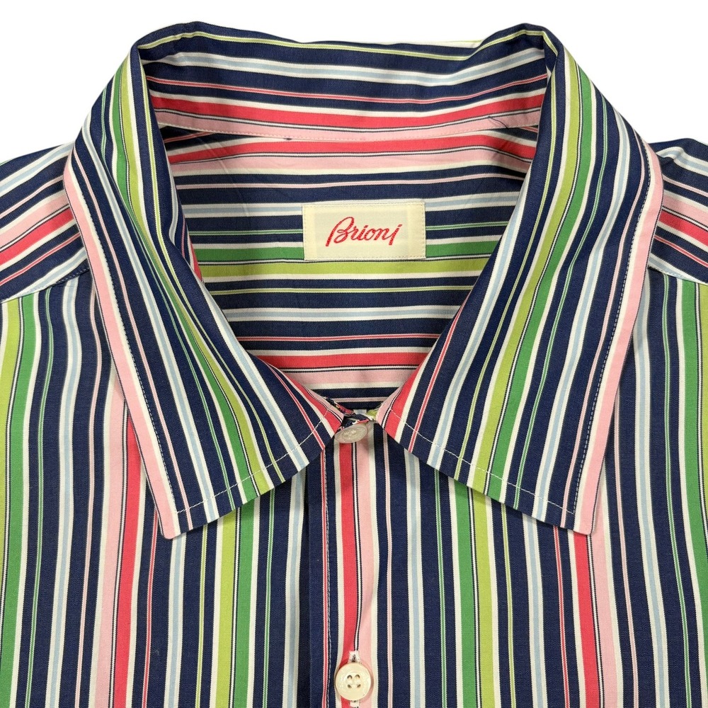 Brioni Short Sleeve Button Up Shirt Mens XXL Multicolor Striped Cotton Italy